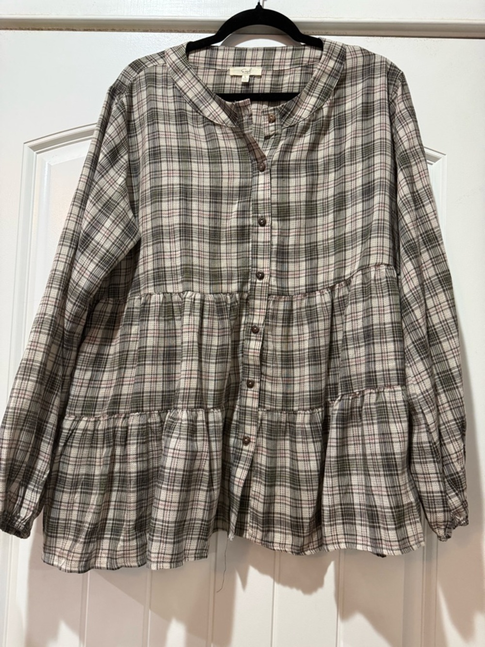 easel Plaid Button-Front Tiered Peasant Top in Cream and Olive